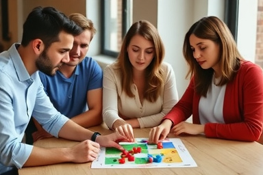 Groep mensen die samen een coöperatief bordspel spelen