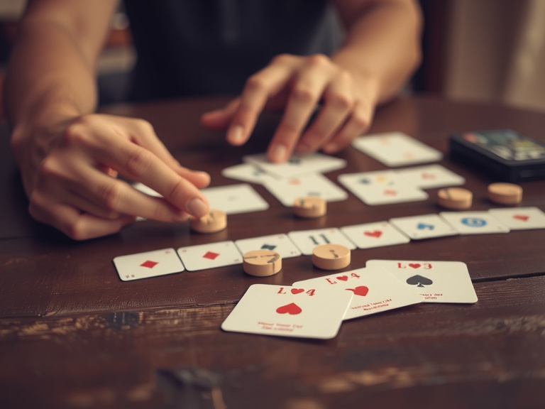 Close-up van handen die een kaartspel spelen met houten speelstukken