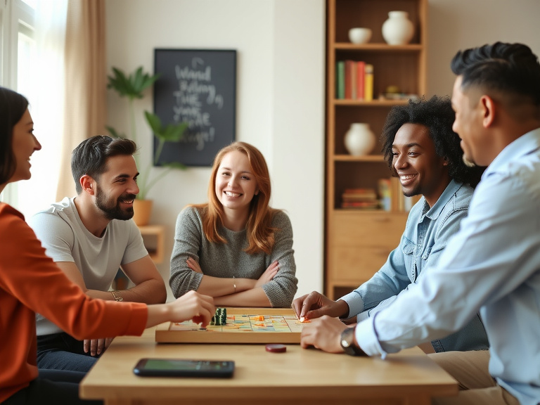 Groep mensen die een bordspel spelen aan een houten tafel